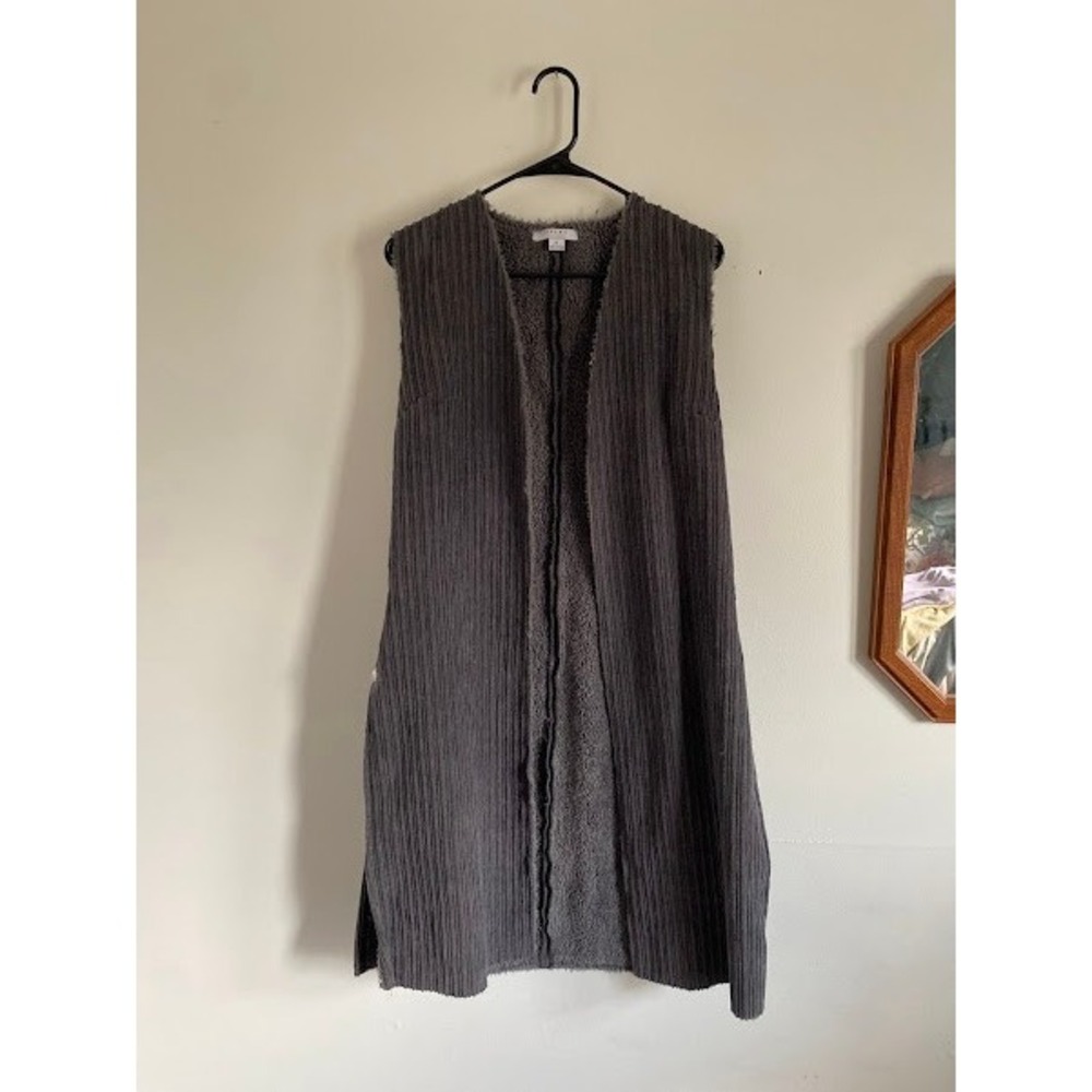 Favlux‎ Gray Corduroy Faux Shearling Lined Longline Open Front Vest Duster Small